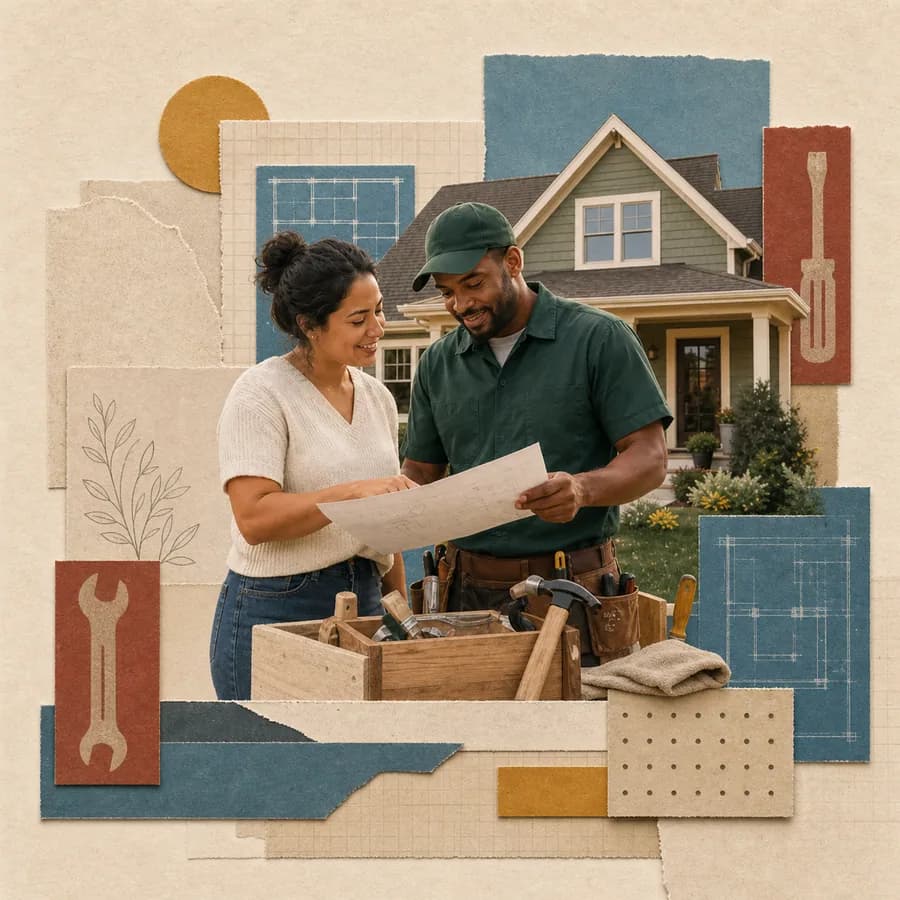 A homeowner and home-service professional reviewing project plans together